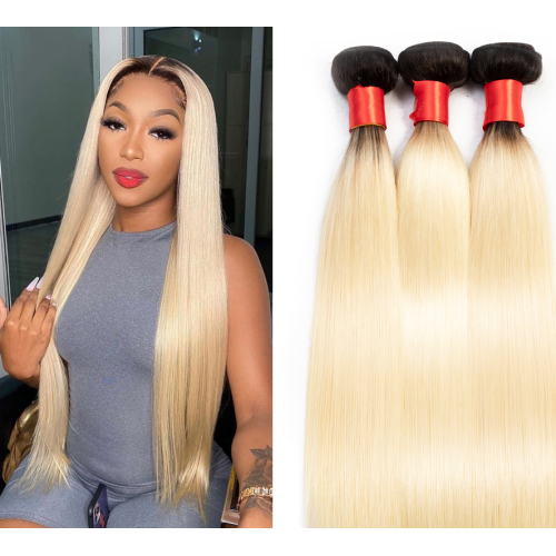 Wholesale Cheap 1B 613 Blonde Black Roots Ombre Color bundle Straight Hair Weave Brazilian Body WaveCuticle Aligned Human Hair